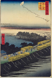 2-001　よし原日本堤　名所江戸百景　広重　1857年