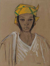 Anna Quinquaud, Portrait de jeune femme au turban jaune, gouache et fusain sur papier, collection musée des beaux-arts de Brest.