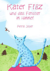 Cover Bilderbuch Kater Fläz, blaue Katze, Landschaft mit Tannen von Petra Jäger Illustration