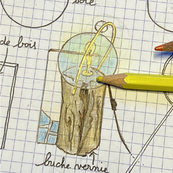 Dessin d'une lampe avec buche de bois , tige de laiton, carrelage...