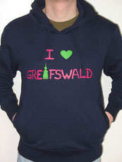 I love Greifswald-Pulli für Sie und Ihn, dunkelblau (Carol/Carola) mit pinker Schrift und grünem Herz/Turm.
