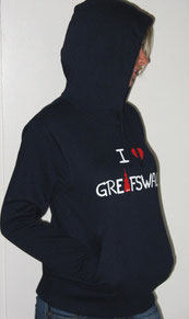 I love Greifswald-Pulli für Sie und Ihn, dunkelblau (Kalla/Kalle) mit weißer Schrift und rotem Herz/Turm, Seitenansicht.