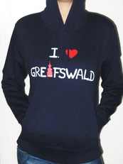 I love Greifswald-Pulli für Sie, dunkelblau (Kalla) mit weißer Schrift und rotem Herz/Turm.
