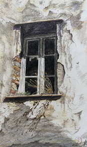 Blick ins Fenster, 21 x 30 cm, Buntstift auf Papier, 2019