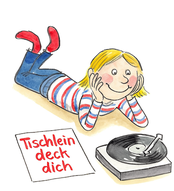 Illustration eines Kindes, das bäuchlings auf dem Boden liegt und eine Vinyl-Single des Märchens ‚Tischlein-deck-Dich‘ hört – inspiriert von den Kindheitserinnerungen von Kirstin Wulf