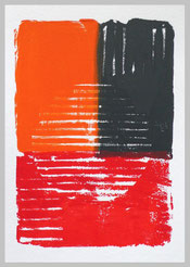 Druck im Hochformat A5 mit Feldern in Orange, Schwarz, Rot und grafischen horizontalen und vertikalen Linien in Weiß.
