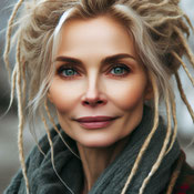 Michele - eine blonde Frau mit Vogelnestfrisur und grünen Augen