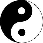 El simbolo del Yin y el Yang, una esfera con la mitad oscura con un punto blanco, y una parte blanca con un punto oscuro.