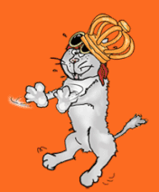 Stripfiguur Poes Puddie springt op Koningsdag.