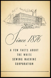 Historical sketch of the White Sewing Machine Company factory from 1876, illustrating the large industrial building with multiple smokestacks.