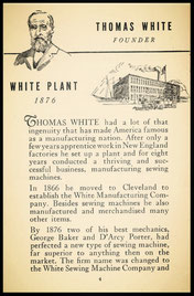 Portrait of Thomas White, founder of the White Sewing Machine Company, alongside a brief history of the company's establishment and growth.