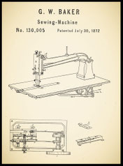 1872 patent illustration of the G.W. Baker Sewing Machine No. 130,005, showing a modern design with a flatbed and side-mounted handwheel.