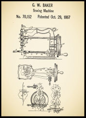 1867 patent illustration of the G.W. Baker Sewing Machine No. 70,152, depicting its unique mechanical structure with multiple levers and gears.