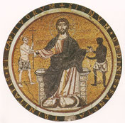 Le Christ entre deux captifs ; mosaïque du couvent de San Tommaso in Formis, Rome, v. 1212.
