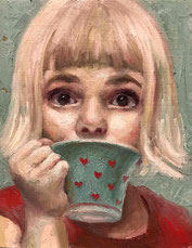 ノリコミシマの描く人物画、お茶会中の女の子の油絵、norico mishima’s portrait oil painting(Tea party).