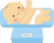体重測定をしている赤ちゃんのイラストです