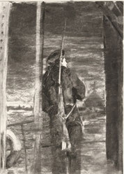 „An der Reeling“, Kohle auf Papier, A4, 2019