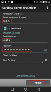 CardDAV Logindaten eingeben