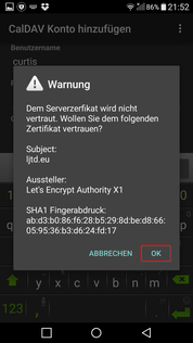 CalDAV Zertifikat erlauben