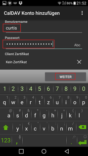 CalDAV Login-Daten angeben