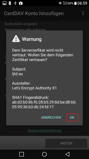 CardDAV Zertifikat erlauben
