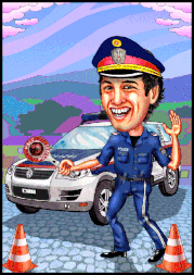 Ein Polizist mit Streifenwagen bei der Verkehrskontrolle, als Karikatur.