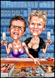 Karikaturen zeichnen lassen, zeri Damen in einer Trafik.