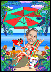 Eine Frau aus Wien feiert Geburtstag am Strand, als Karikatur gezeichnet.