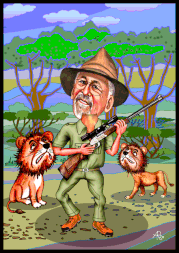 Ein Löwenjäger in Afrika. Karikaturen zeichnen lassen.