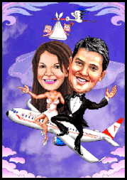 Hochzeitskarikatur mit der AUA in die Flitterwochen.