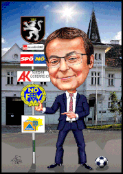 Karikatur zeichnen lassen.Der Bürgermeister vor seinem Rathaus.