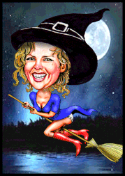 Karikaturen zeichnen lassen. Eine Hexe  auf ihrem Besen.