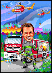 Karikatur zeichnen lassen, die Feuerwehr im Einsatz.