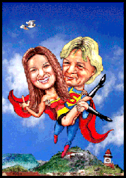 Karikaturen zeichnen lassem, Superman mit Tochter über Graz.