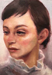 ノリコミシマの描く人物画、物思いに耽る女の子の油絵、norico mishima’s portrait oil painting(in a musing mood).