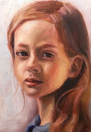 ノリコミシマの描く人物画、真剣な眼差しの少女の油絵、norico mishima’s portrait oil painting.