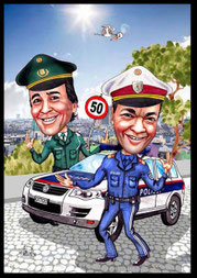 Ein Polizist mit Streifenwagen bei der Verkehrskontrolle, als Karikatur.