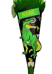 Handgemachte personalisierte Schultüte Dino T-Rex in Schwarz und Grün mit Namensschild zur Einschulung