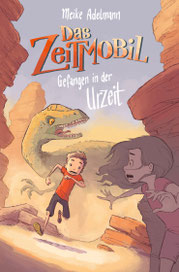 Buchcover Das Zeitmobil Band 1, Illustration mit einem Dinosaurier in einer Felsenschlucht welcher zwei Kinder verfolgt