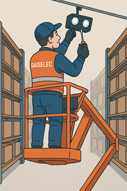Technicien Daiselec en nacelle dans un entrepôt logistique, remplaçant un bloc à phare pour l’éclairage de sécurité.
