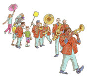 Die Grafik zeigt eine Illustration einer Musiker-Parade, die sich dem Umzug in die Zukunft in Karlsruhe anschließen.