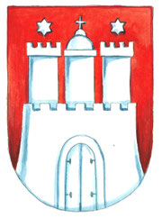 Ausstellungskarte Aland mit Hamburger Stadtwappen