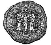 Seal of the Guild of the Holy Cross from William Hutton 1782 An History of Birmingham. Image now free of copyright downloaded from Wikipedia.