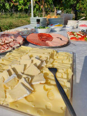 Buffet mit Wurst- und Käseplatten für ein Frühstück im Weingarten