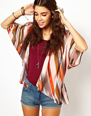 Abstract Stripe Kimono Sleeve Drapey Jacket
