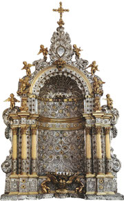 Baldaquin eucharistique. Argent fondu, ciselé et repoussé, patiellement doré, pierres précieuses. Messine, 1665