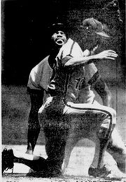 Larry Bowa tags out Dave Winfield trying to steal.