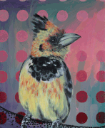 Haubenbartvogel, 2024, Acryl auf Holz, 32 x 26,5 cm