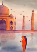 "Lever de soleil sur le Taj Maha"l, aquarelle sur papier