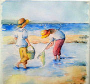 "Pêche aux crabes", aquarelle sur toile